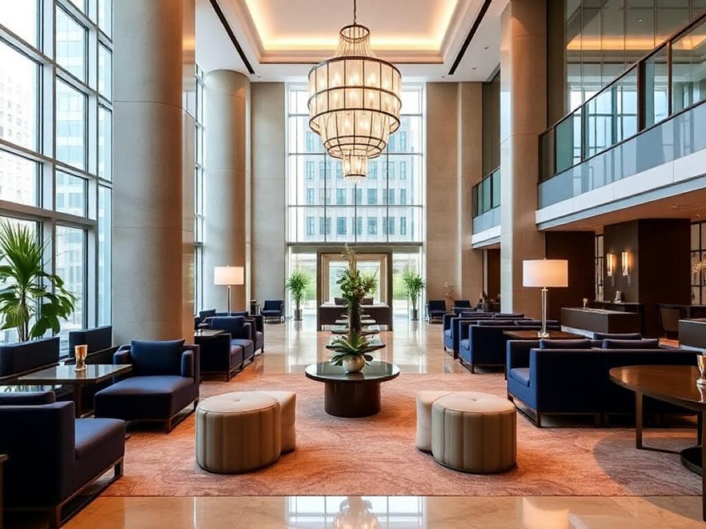 Modern hotel lounge designed by LEGEARD STUDIO, featuring a stylish bar, comfy sofas and armchairs, large windows with sheer curtains, and lush greenery decor on walls and shelves.