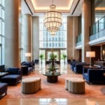 Modern hotel lounge designed by LEGEARD STUDIO, featuring a stylish bar, comfy sofas and armchairs, large windows with sheer curtains, and lush greenery decor on walls and shelves.