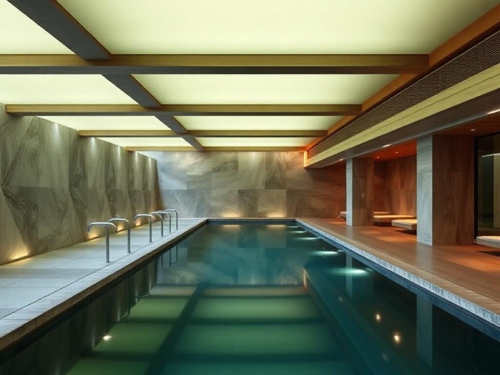 A modern circular sauna with wooden benches lining the walls, a central metal stove filled with rocks, and a gong hanging on the right. Natural light enters from a round ceiling window.