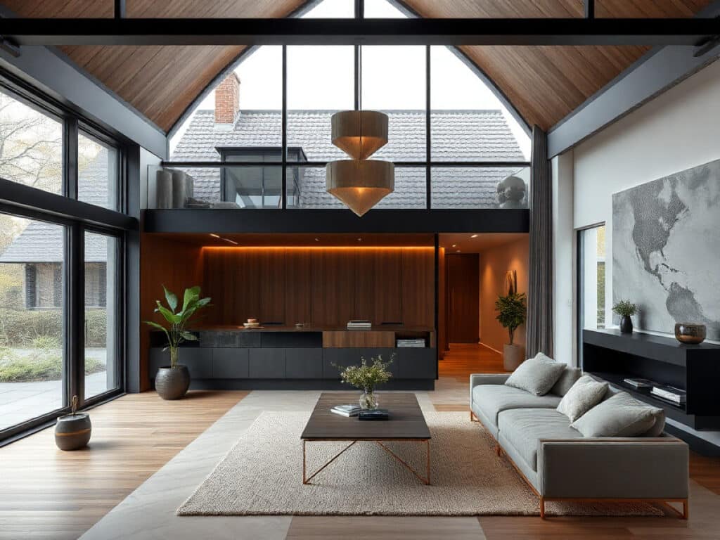 A modern dining room with a long wooden table, six upholstered chairs, a sculptural pendant light, and minimal table decor. Large windows let in natural light.