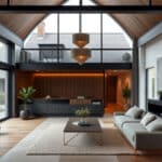 A modern dining room with a long wooden table, six upholstered chairs, a sculptural pendant light, and minimal table decor. Large windows let in natural light.
