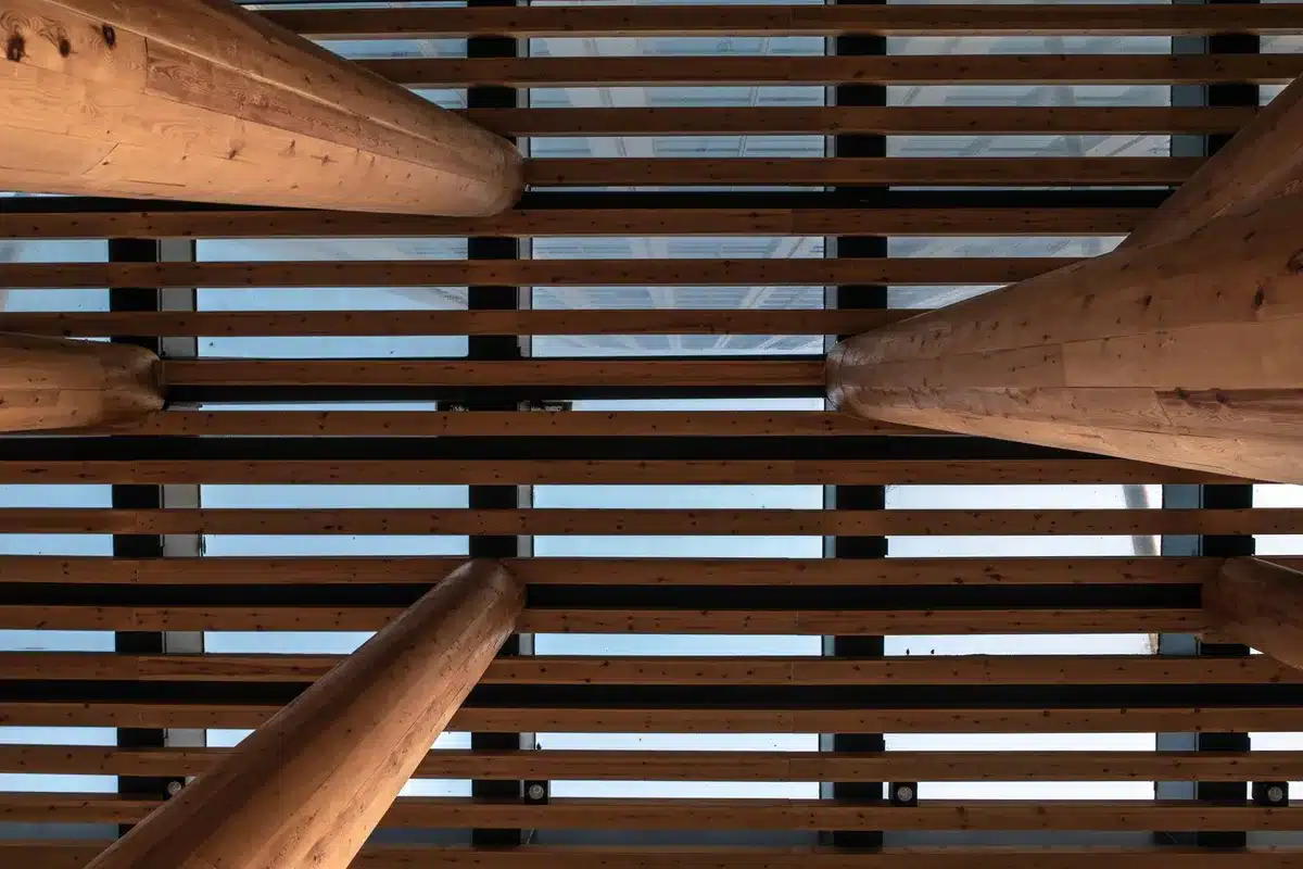 Contemporary alpine chalet interior showcasing local timber construction and large windows