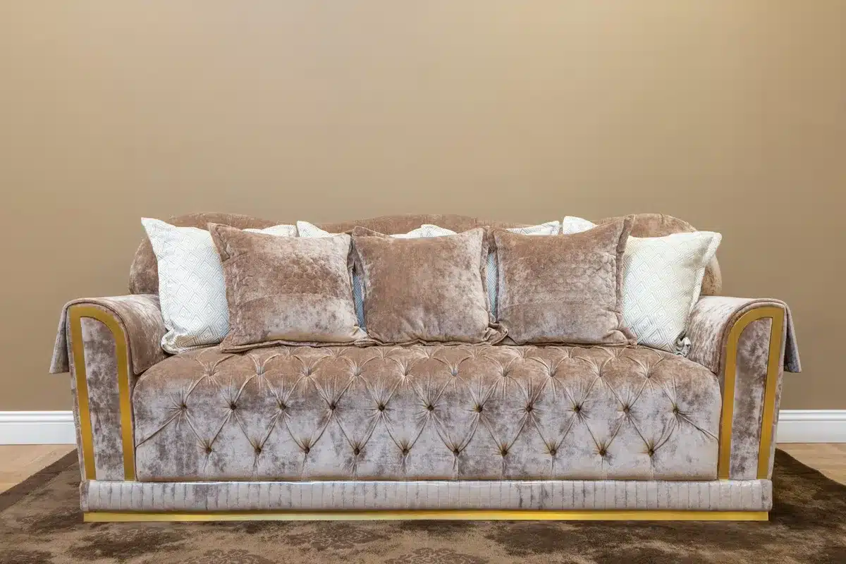 Bespoke mohair sofa in neutral tones showing directional nap texture and light play