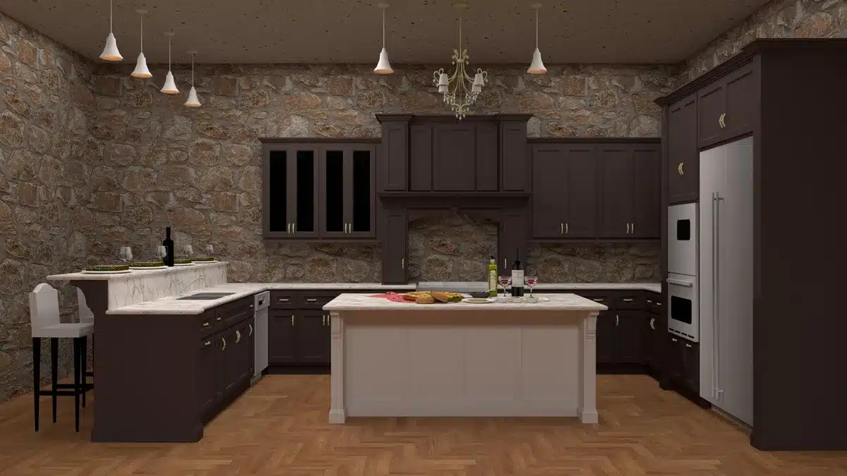 Matte honed limestone floor adjacent to glossy Calacatta marble countertop showing light reflection differences