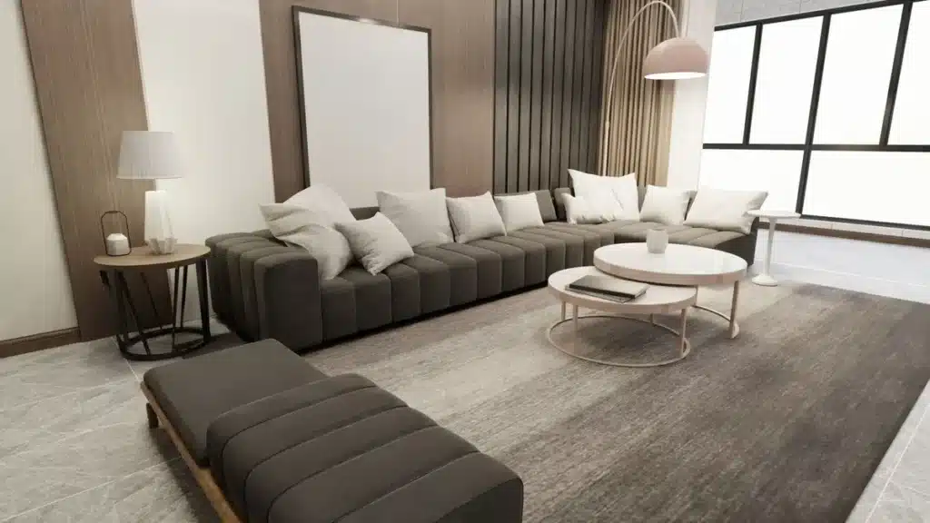 Modern neutral living room with layered textures, soft lighting, and warm metallic accents creating depth through materi