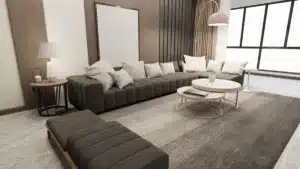 Modern neutral living room with layered textures, soft lighting, and warm metallic accents creating depth through materi