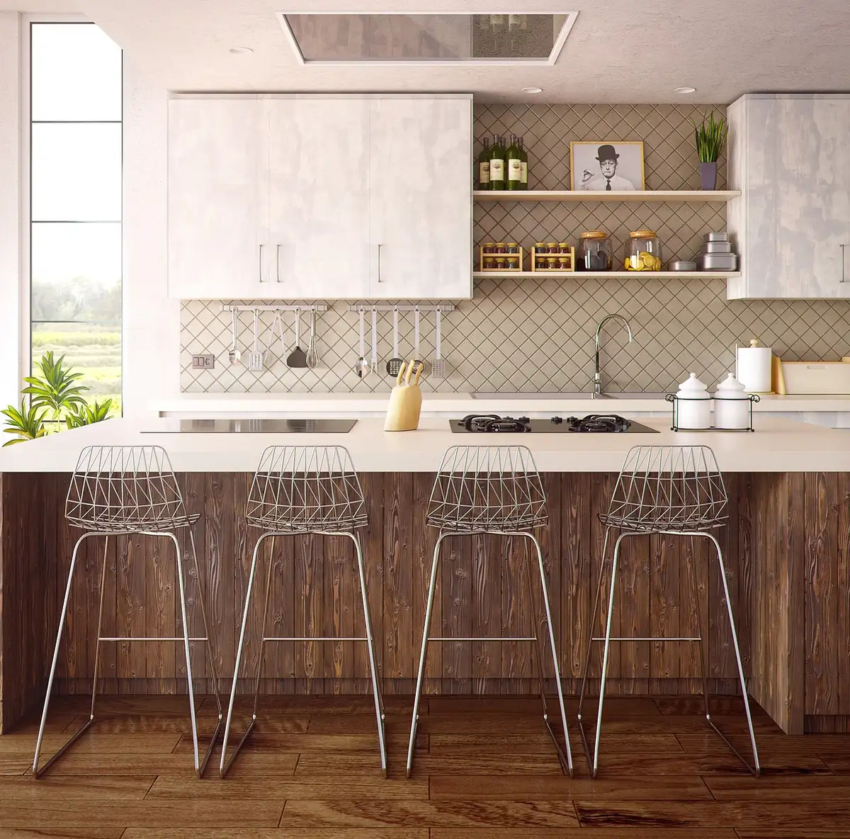 Minimalist kitchen with marble island and wooden cabinetry
